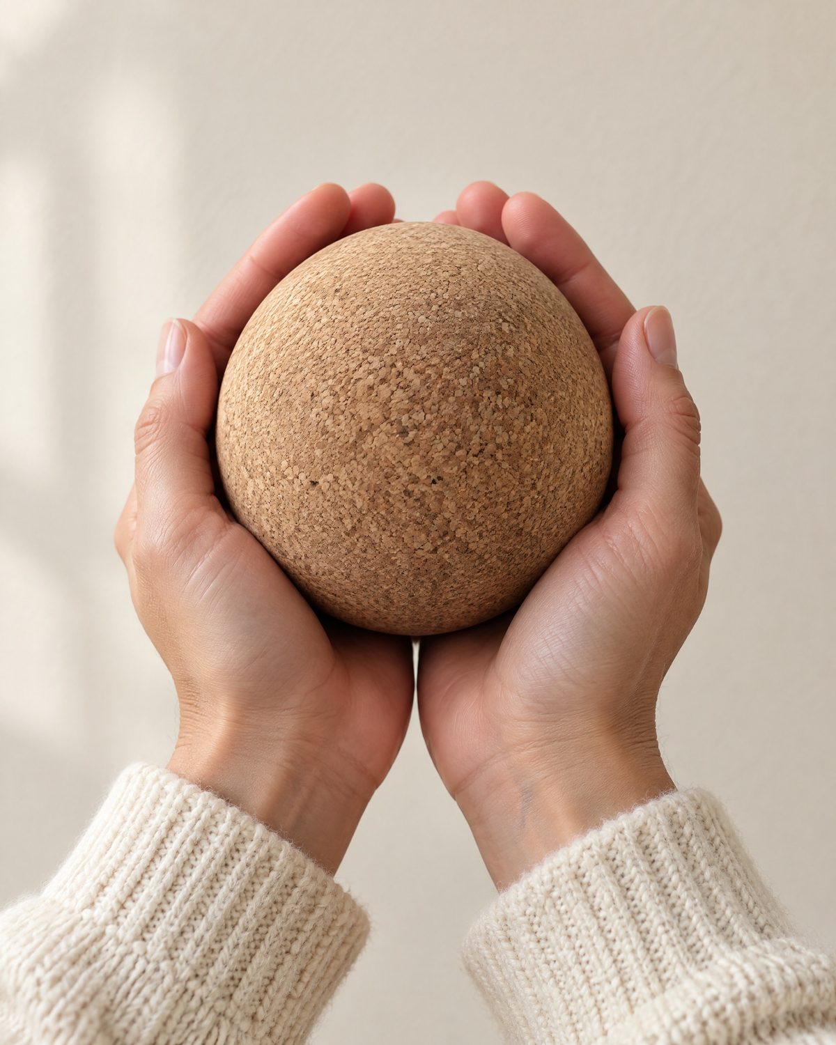 Two cupped hands holding the cork ball against a plain cream wall; the ball fills both palms.