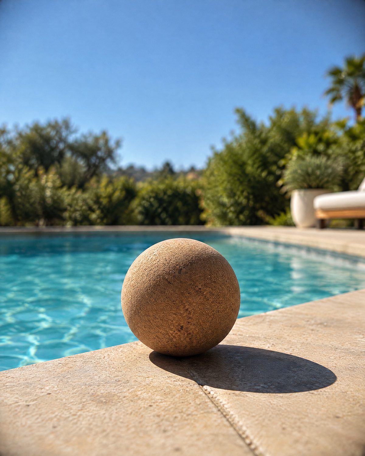 A natural cork Giant Recovery Ball resting on the sunlit stone edge of a swimming pool, with trees and blue sky behind.