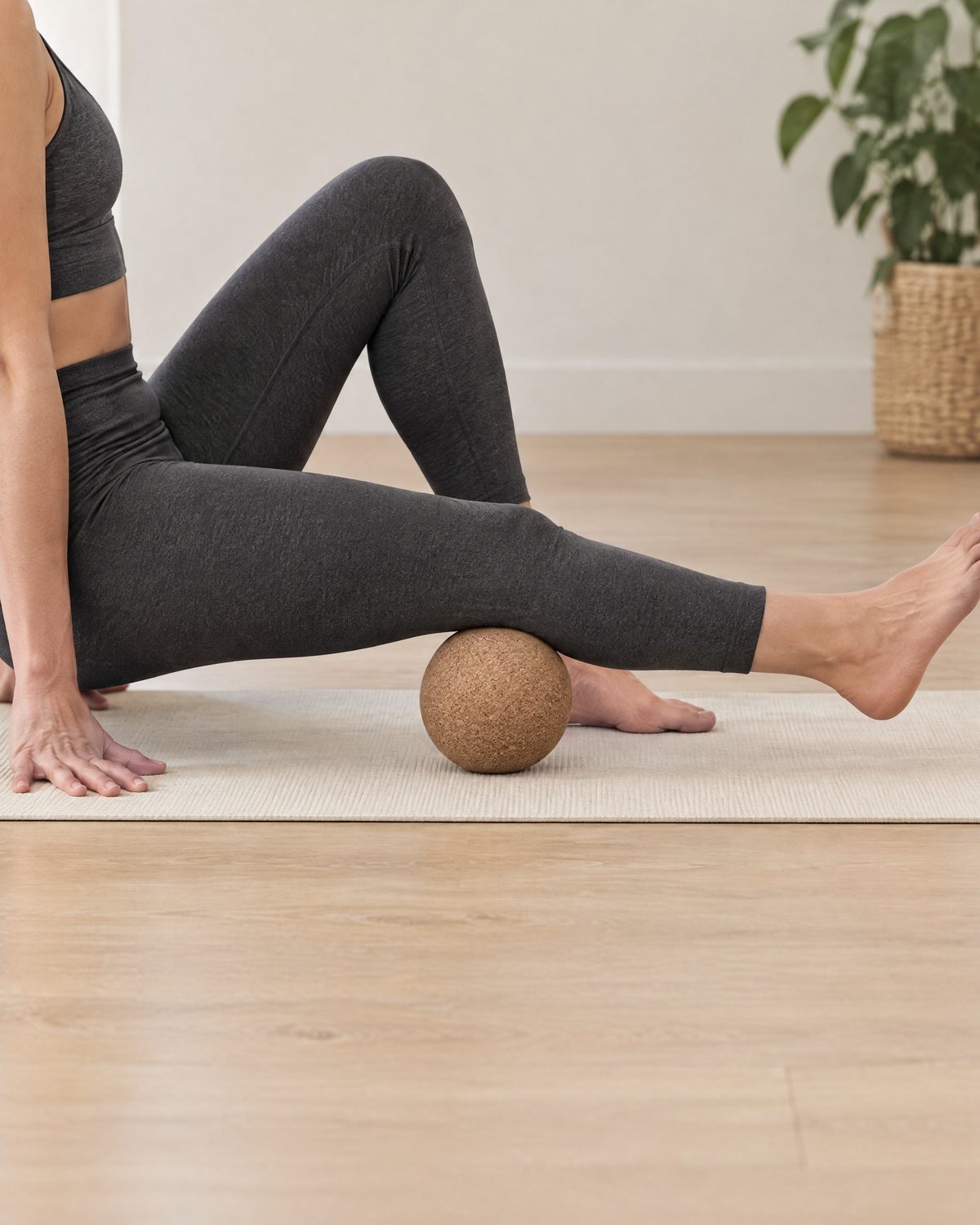 Side view of a person seated on a mat with one leg resting on the cork ball under the calf and the other knee bent.