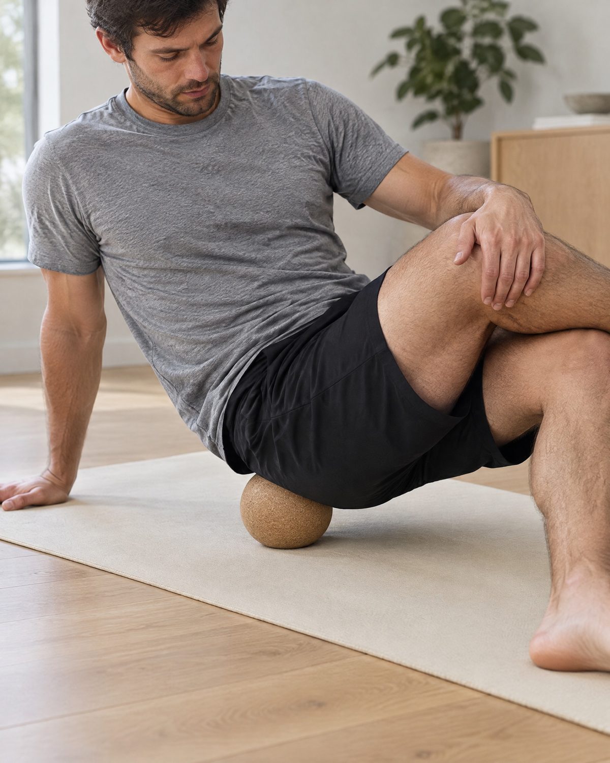 A man sitting on the cork ball with one ankle crossed over the opposite knee, leaning back on one hand.