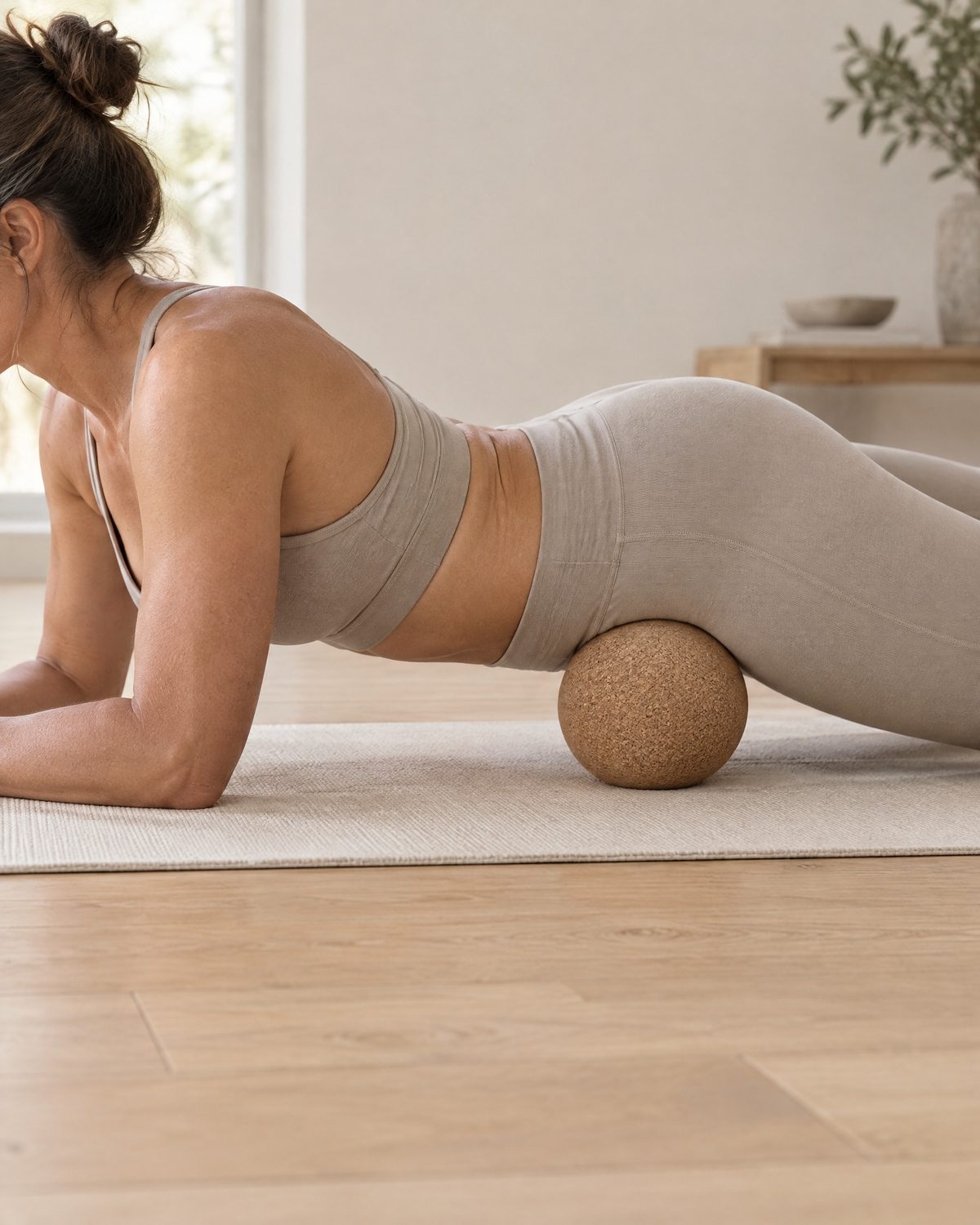 A woman lying face down on her forearms with the cork ball under the front of her hip.